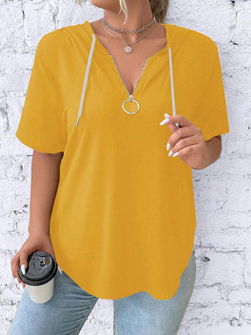 Plus Size Solid Color Drawstring Hooded Short Sleeve T-Shirt