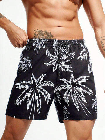 Men's Palm Tree Print Beach Shorts With Waist Ties