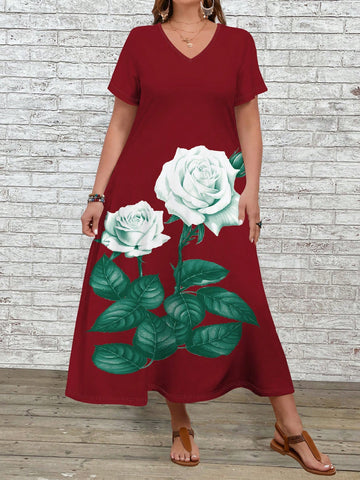 Plus Size Short Sleeve V-Neck Realistic Large Floral Print Dress