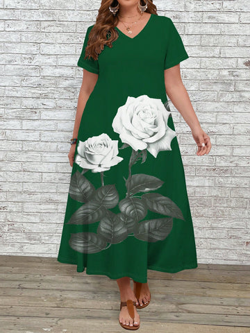 Plus Size Short Sleeve V-Neck 3d Floral Print Dress