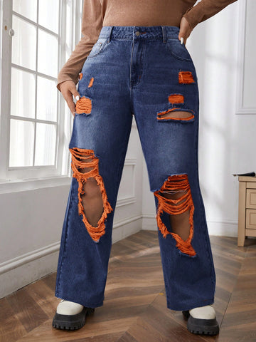 Plus Size Women's Distressed Jeans With Pockets