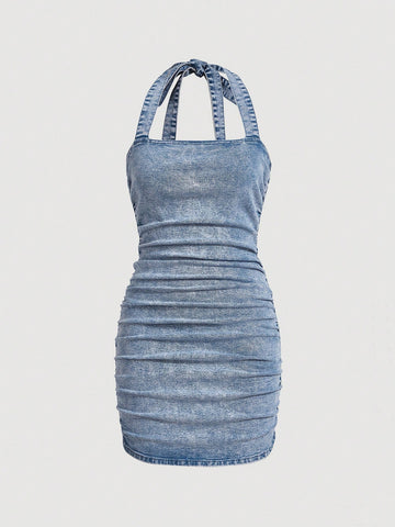 Sexy Mini Pleated Denim Dress With Neck Strap For Women, Blue