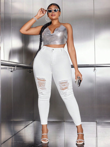 Plus Size Women's White Skinny Stretch Ripped Jeans