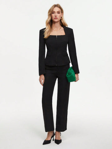 Ladies' Stand Collar Zippered Front Blazer And Pants Suit