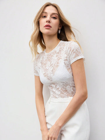 Women's White Floral See-Through Lace Slim Fit Top
