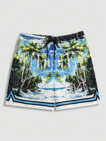 Men's Woven Coconut Tree & Letter Print Drawstring Waist Basketball Shorts, Suitable For Spring And Summer