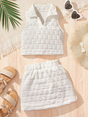 Young Girl Summer New Casual Two-Piece Set With Lapel Sleeveless Top And A-Line Skirt