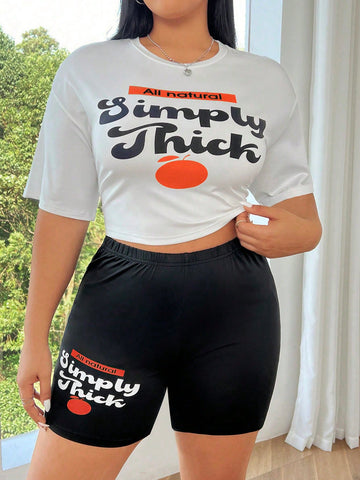 Plus Size Women's Slogan Printed Round Neck Short Sleeve T-Shirt And Shorts Set