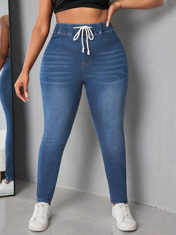 Plus Size Women's Skinny Jeans With Ankle Ties To Show Elegant Look