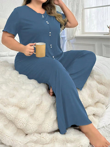 Plus Size Solid Color Button Detail Folded Hem Casual Pajama Set
