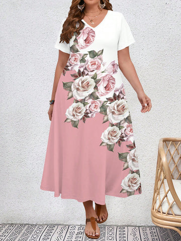Plus Size Floral Print V-Neck Dress