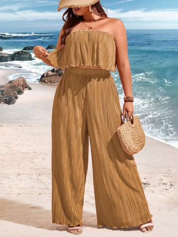 Plus Size Solid Color Strapless Top And Long Pants Set, Suitable For Summer