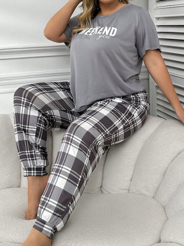 Plus Size Letter Print T-Shirt And Plaid Pants Pajama Set