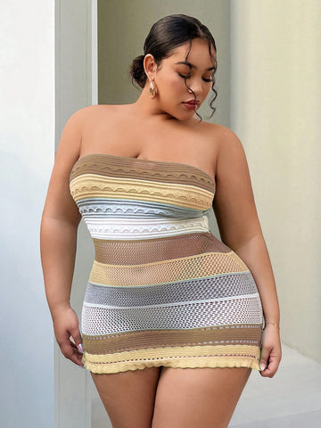 Plus Size Color Block Striped & Sexy Backless Bandage Mini Sweater Dress