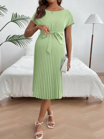 Pregnant Women's Round Neck Tie Waist Pleated Fashionable Dress