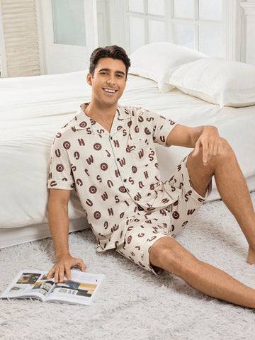 Men's Letter Printed Short Sleeve Shirt And Shorts Pajamas Set, Suitable For Summer