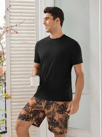 Men's Black Short Sleeve Printed Shorts Homewear Set