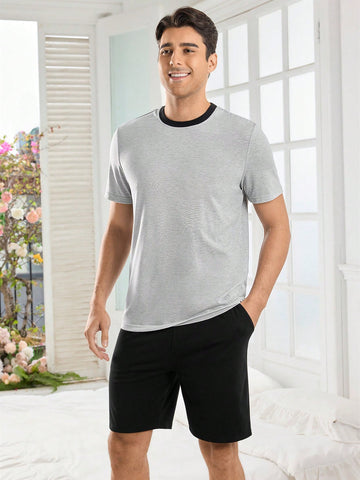 Men's Round Neck Short Sleeve Pocketed Shorts Homewear Set