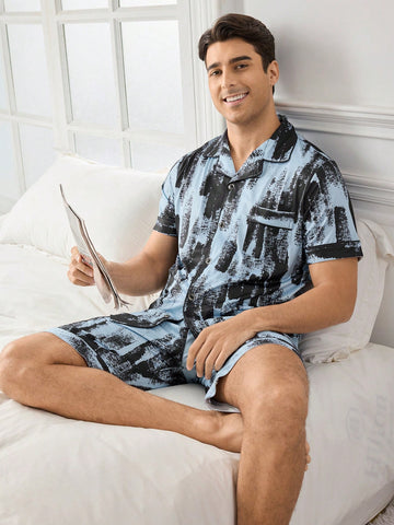 Men's Brush Stroke Printed Short Sleeve T-Shirt And Shorts Home Clothes Set