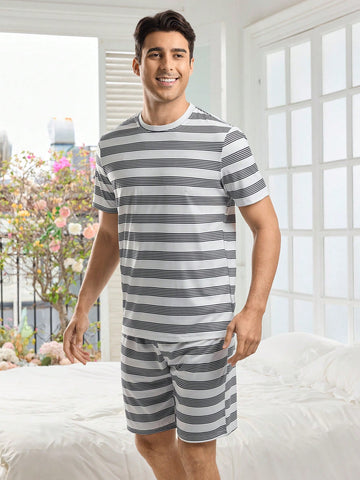 Men Striped Short Sleeve Tee And Shorts Loungewear Set Summer