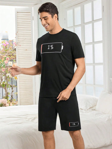 Men's Electricity Print Round Neck Short Sleeve T-Shirt And Shorts Homewear Set, Suitable For Summer