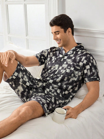 Men's Checked Short Sleeve Shirt And Shorts Homewear Set