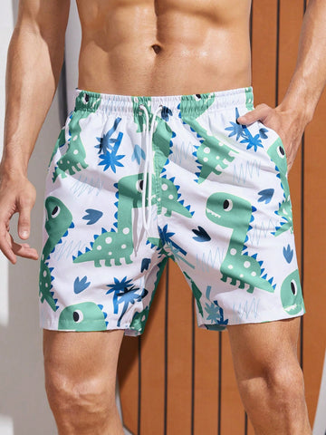 Men Cartoon Print Drawstring Beach Shorts With Pockets