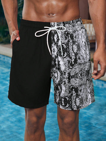Men's Drawstring Printed Splice Fashionable Beach Shorts (Random Cut)