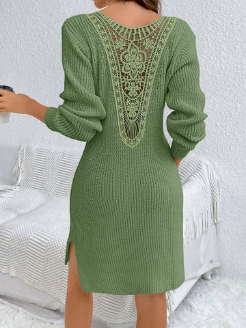 Women'S Solid Color Spliced Embroidered Split Knit Sweater Dress