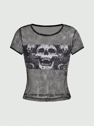 Y2k Sexy Skull & Wing Print Patchwork Fishnet Hollow Out Sheer Top