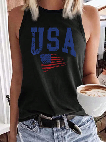 Women's Sleeveless Tank Top With Letter And Flag Prints