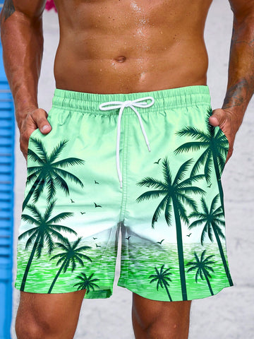 Men's Drawstring Waist Coconut Tree Printed Beach Shorts With Pockets