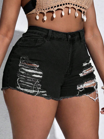 Plus Size Ripped Fashionable And Versatile Denim Shorts For Spring/Summer