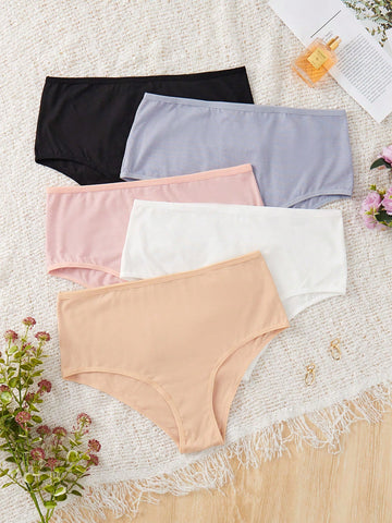 5pcs Solid Color Plus Size Underwear