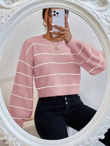 Women's Striped Round Neck Pullover Sweater With Long Sleeves, Suitable For Spring And Autumn