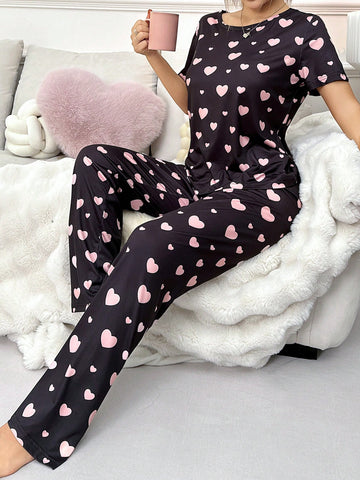 Color Blocking Heart Printed Women's Pajamas Set