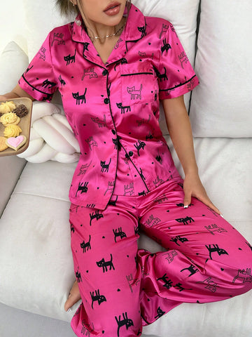 Women's Contrast Trim Printed Satin Pajama Set With Lapel Collar And Button Front