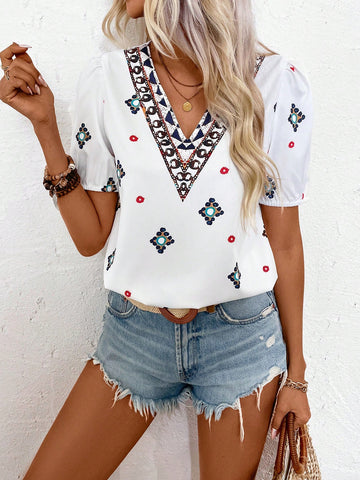 Women's Vintage V-Neck Printed Short Sleeve Shirt For Casual Holiday Travel