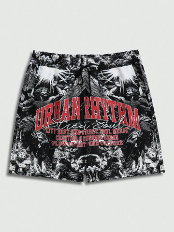 Men's Slogan Printed Woven Shorts For Daily Wear, Spring And Summer