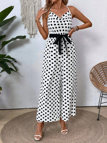 Women's Halter Polka Dot Printed Jumpsuit With Belt And Random Floral Print Cutout Design