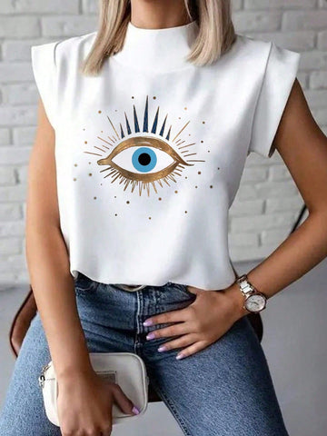 Plus Size Eyeball Print Turn-Down Collar T-Shirt