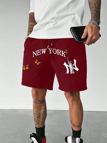 Men's Loose Fit Drawstring Waistband Butterfly & Letter Printed Shorts