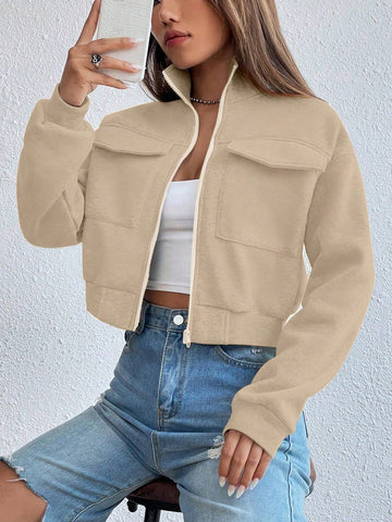 Solid Color Zippered Stand Collar Sweater With Flap Pockets
