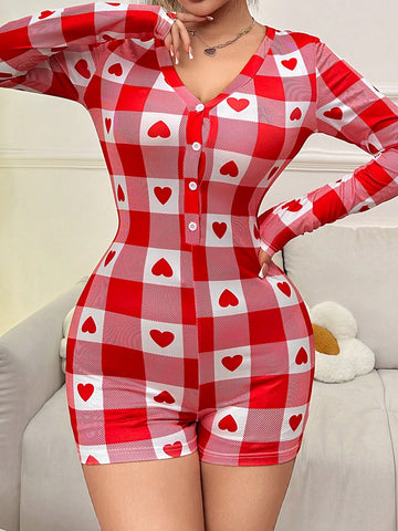 Women's Heart Plaid V-Neck Half-Buttoned Pajamas Jumpsuit