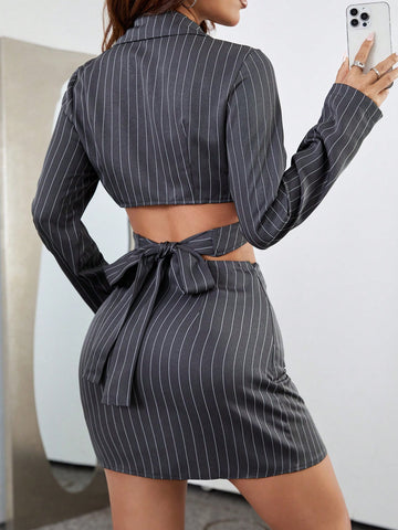 Striped Tie Waist Long Sleeve Top And Split Hem Skirt Two-Piece Suit