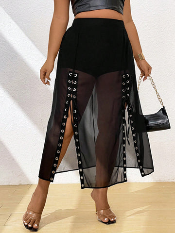 Plus Size Metal Ring Tie Casual A-Line Skirt, Suitable For Daily Wear