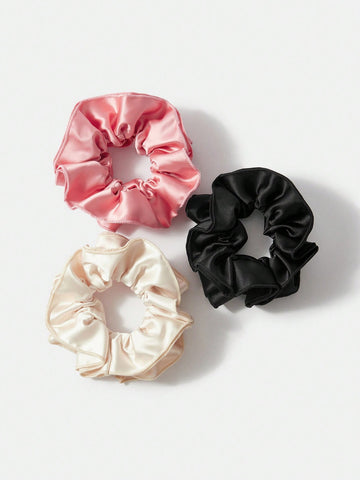 3pcs/Set Women's Basic Solid Color Hair Scrunchies With Ruffle Or Lace Edge, Suitable For Wedding, Honeymoon, And Casual Wear