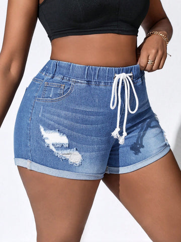 Plus Size Women's High Waisted Irregular Cut Distressed Skinny Denim Shorts For Casual Wear