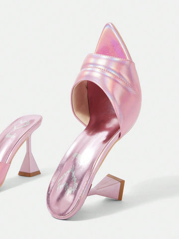 Ladies' Fashionable And Comfortable High-Heeled Pointed Toes Shoes With Pink Holographic Pu For Summer