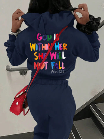 Women's Plus Size Casual Hoodie With Slogan Printed Long Sleeves